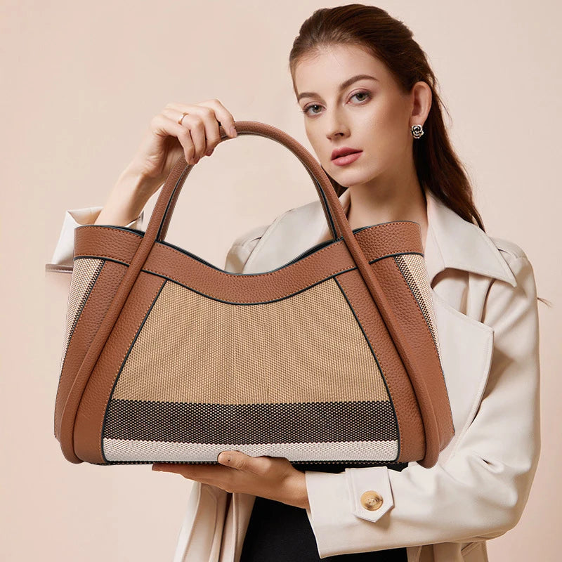 Aidrani  New retro checkered women's handbag, large capacity luxury bag, canvas genuine leather bag