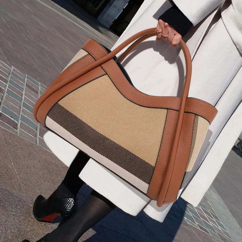 Aidrani  New retro checkered women's handbag, large capacity luxury bag, canvas genuine leather bag