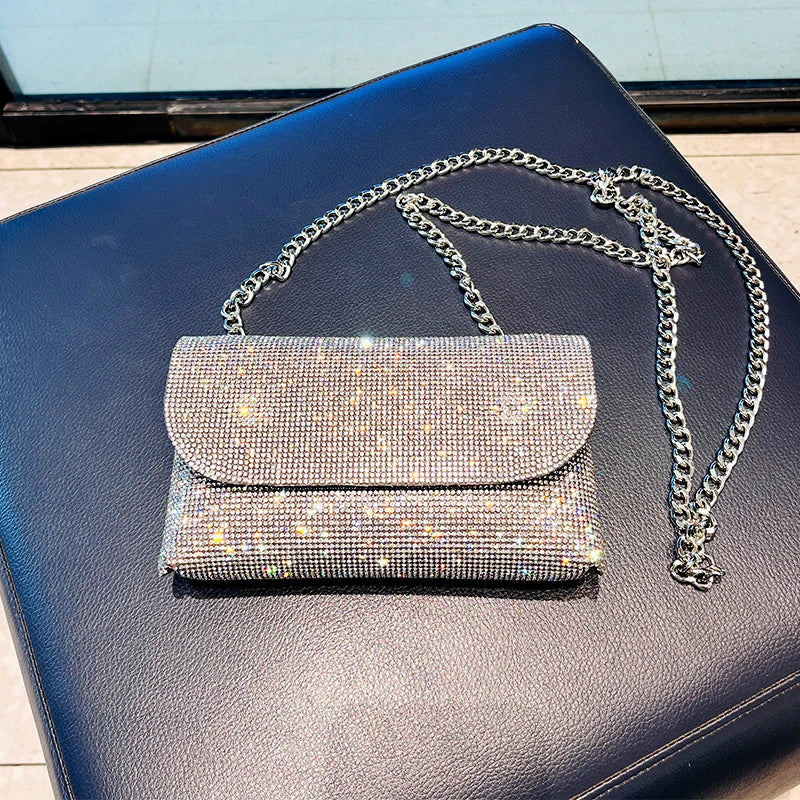 Women's clutch bag with Rhinestones silver Purse on chain PU Leather evening bag Ladies Fashion Party Evening Shoulder Bag