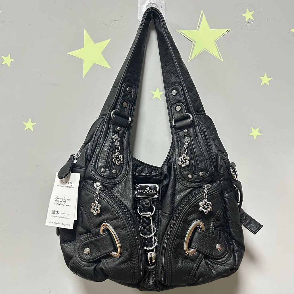 Angel kiss Women Handbags Fashion Shoulder Bag Large Black Tote Top-handle Shopping Pack Multiple Pockets Satchel Lady  Purse