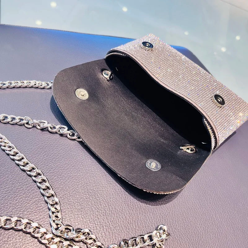 Women's clutch bag with Rhinestones silver Purse on chain PU Leather evening bag Ladies Fashion Party Evening Shoulder Bag